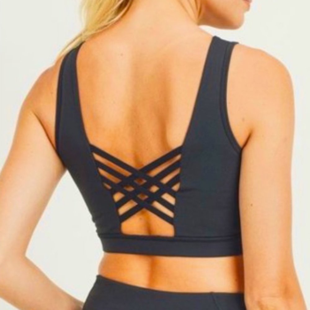 Mono B Sports Bra Black Perforated Criss Cross Long Line SZ SMALL & MEDIUM NEW!